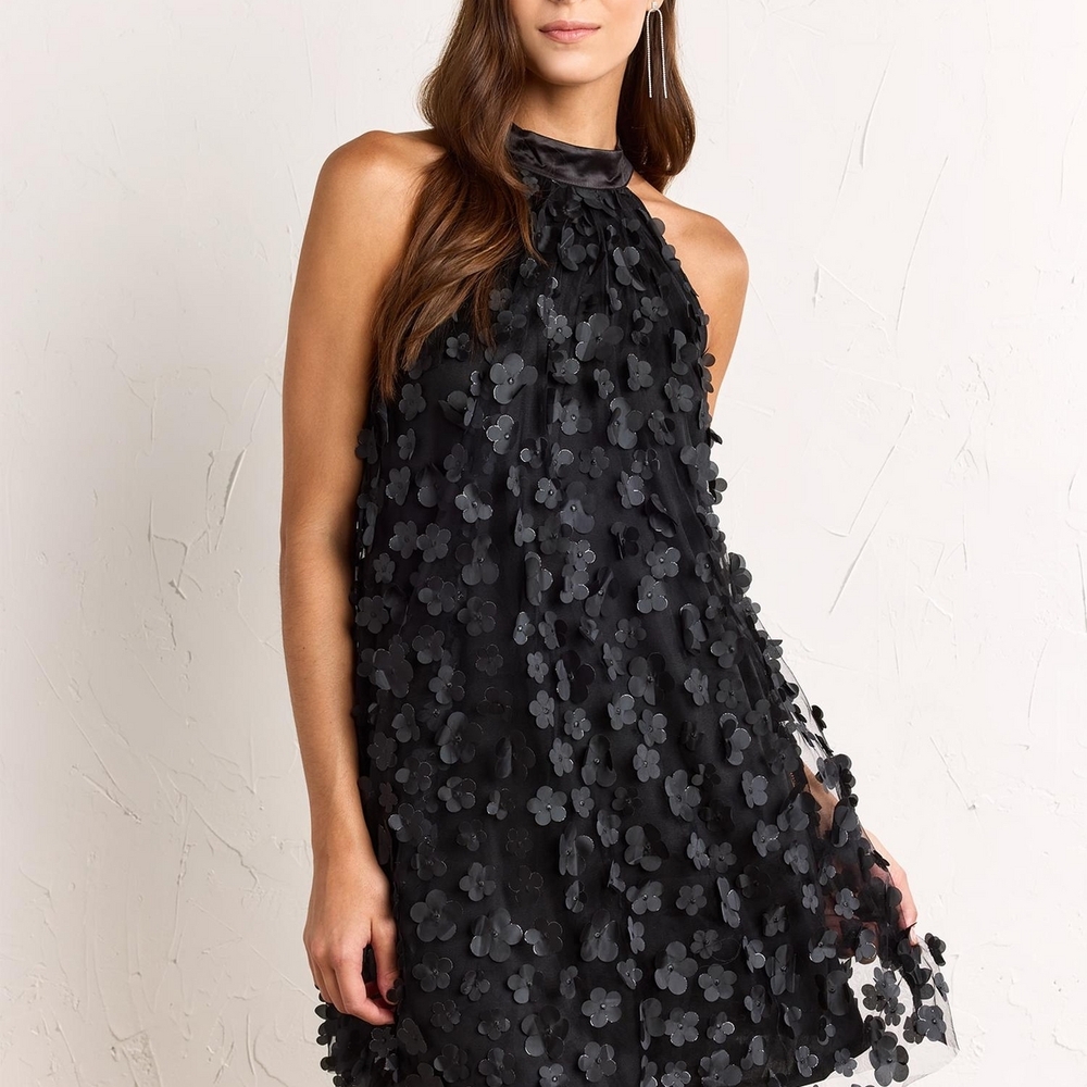 TCEC Black Floral Embellished Mini Dress